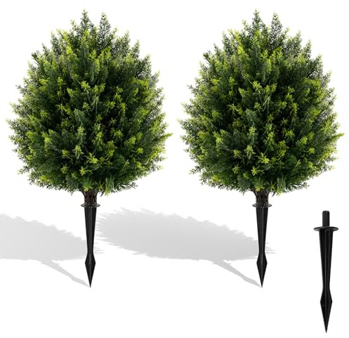 COSTWAY Juego de 2 Árboles Topiario Artificial de Ciprés de 61 cm, Plantas de Cedro Artificial, Plantas de Arbustos Artificiales con Protección Solar para Decoración Interior y Exterior