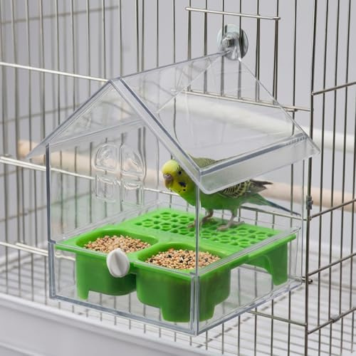 Comedero para Jaula de pájaros – Cajón extraíble para fácil Recarga y Limpieza, comedero para pájaros Transparente, diseño Divertido de Villa con Percha para periquitos y pequeños, Uso en INT