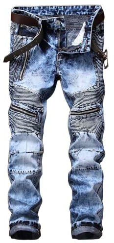 AITITIA Men's Biker Zipper Deco Washed Straight Fit Jeans, Light Blue, 40