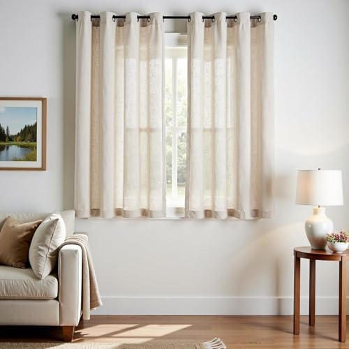 jinchan Short Nautral Linen Curtains 63 Inch Length for Small Window Decoration Farmhouse Light Filtering Curtains Beige for Living Room Bedroom 38 Inch Wide Semi Sheer Drapes with Grommet Top 2 Panel