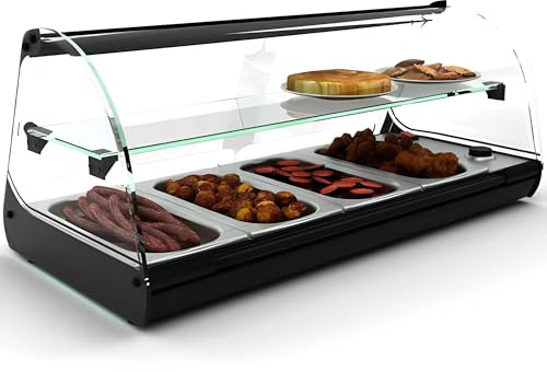 MBH - Vitrina calienta tapas 2 pisos 4 bandejas al baño maría para hostelería. Vitrina expositora de tapas calientes sobre mostrador con 1 estrante para bar y restaurante.