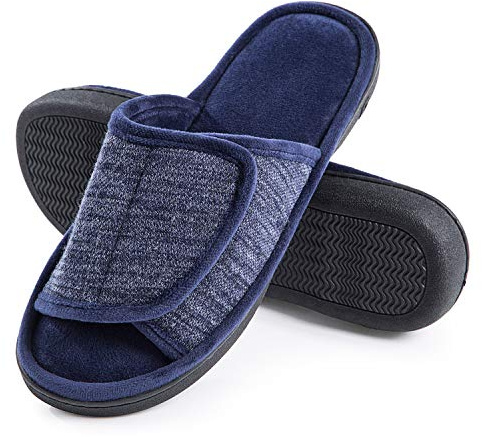 DL Adjustable Men's Memory Foam Open Toe House Slippers for Indoor Outdoor, Breathable Slide Bedroom Slippers with Anti-Slip Rubber Sole (Grey Blue, 11-12)