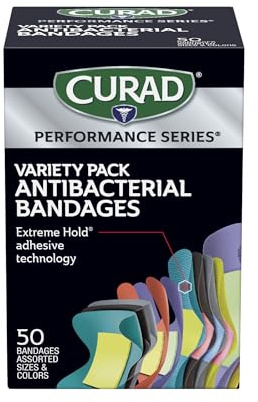 CURAD Performance Series Antibacterial Bandages, Extreme Hold Adhesive Technology, Finger & Knuckle Bandages, Flexible Fabric, Variety Pack with Assorted Sizes & Colors, 50 Count