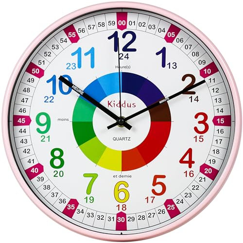 Kiddus Horloge Murale Éducative pour Enfants, Garçon, Fille. Diamètre 30 cm.Time Teacher Analogique avec Exercices. Mécanisme en Quartz Silencieux. Français XL Bleu