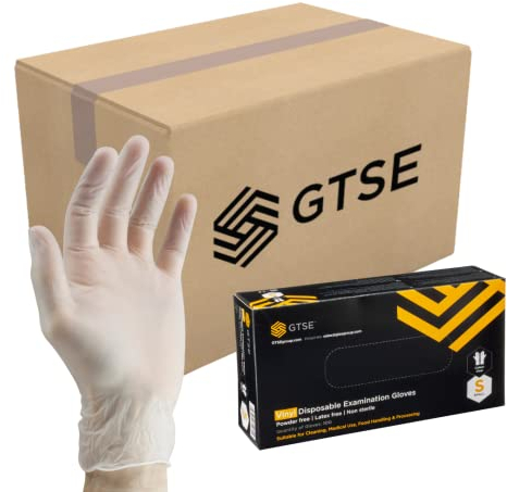 GTSE Clear Vinyl Gloves, EN 455 Compliant, Powder Free, Disposable Gloves, Bulk Box of 1000, Small (S)