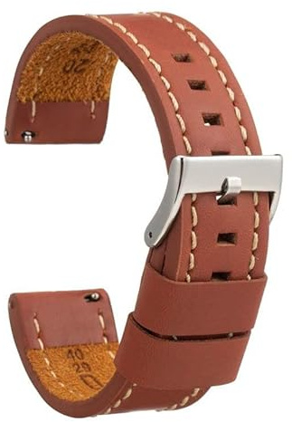 Diloy Bracelet cuir veau ciré style vintage couture blanche – Pour montre sportive ou classique – Tailles 18mm 20mm 22mm 24mm 26mm – Fait main – Noir ou marron 384 Brun Intermédiaire 22mm