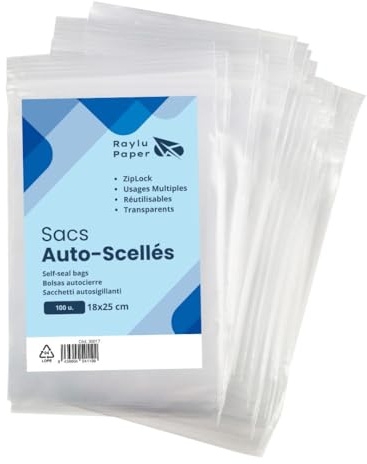 RAYLU PAPER - Självförslutande zip-påsar, 100-pack återanvändbara genomskinliga plastpåsar, flera användningsområden, tillverkade i Europa (18 x 25)