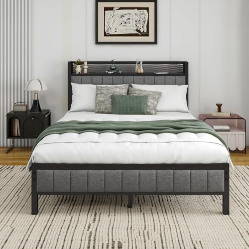 Diahomy Double Bed Frame With Storage Headboard, Upholstered Platform Bed Frame/Mattress Foundation/Metal Slat Support/No Box Spring Needed/Dark Grey