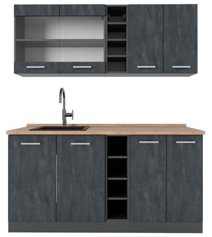 Vicco Singleküche R-Line, Schwarz Beton/Anthrazit, 160 cm AP Eiche, zur individuellen Erweiterung mit zusätzlichen Modulen geeignet