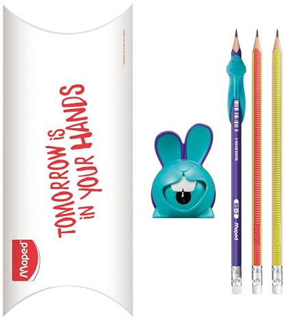 MAPED - Skriftlärningssats - Croc Croc Rabbit pennvässare + 1 grafitpenna med haj fingerguide + 2 Kidy Learn papperspenna