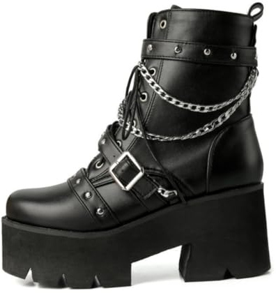 GYYZAYH Gothic Stivaletti Catena di Metallo Moto Stivali Autunno Inverno Equitazione Punk Combat Shoes,Nero,46 EU