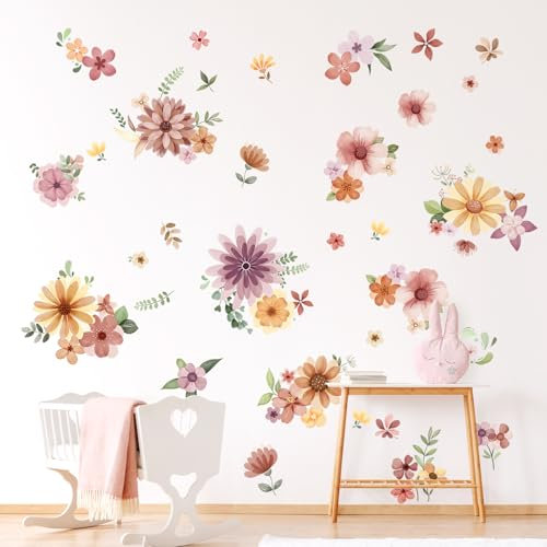 Decvictor Stickers Muraux Rétro Boho Fleur sauvage Autocollant Mural Vintage Jardin Fleuri DIY Decoration Murale pour Chambre Salon Allée Bureau Canapé Fond Mur Armoire Tiroirs