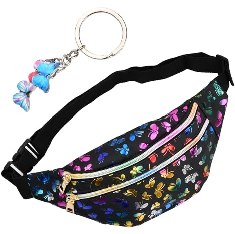Wisebom Bauchtasche für Kinder, Mädchen Gürteltasche mit Schmetterlings Anhänger, Multifunktionale Tailletasche, PU Leder Bunt Hüfttasche mit Verstellbarem Gurt für Reisen Party Wandern (Schwarz)