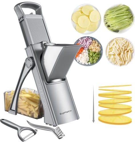 SupMaKin Cortador de mandolina seguro para cocina, cortador de verduras ajustable de tamaño más grande, cortador de patatas fritas, incluye pelador de verduras (gris)