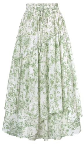 Scarlet Darkness Women Floral Print Boho Skirt Elastic High Waist Long Maxi Skirts with Pockets Green Floral S