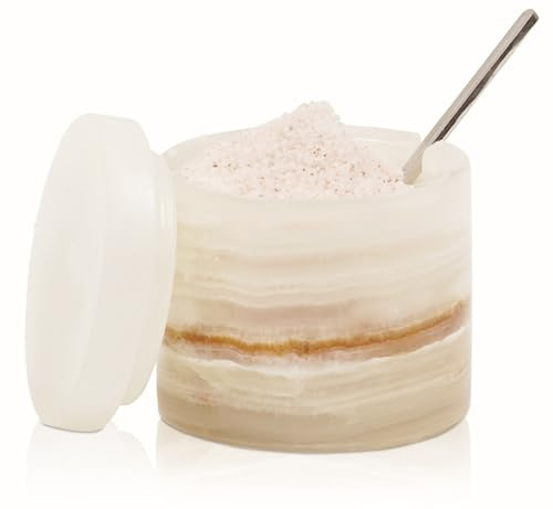 SPESHSTONES Bodega de sal de mármol de 3 pulgadas, hecho a mano, ónix crema, contenedor de sal de 5.2 onzas para encimera, azucarero con tapa y cuchara, soporte de sal de piedra, recipientes de
