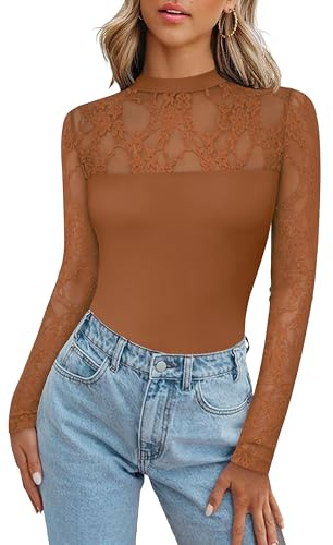 Zeagoo Women's Long Sleeve Lace Blouse Sheer Mesh Tops Crew Neck Sexy Shirt