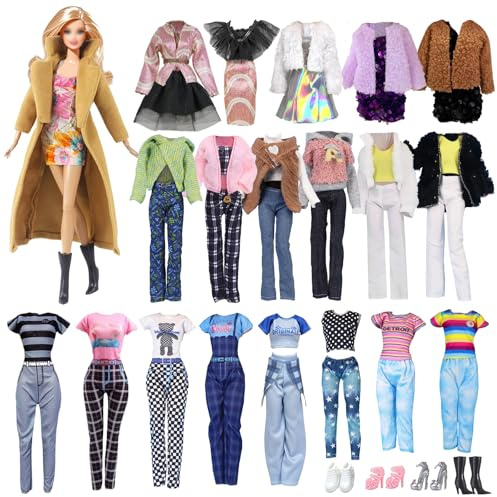 14 PCS Doll Clothes Outfit Compatible with Barbie 11.5 Inch Doll, Fashion Doll Clothes with 1 Brown Coat 2 Skirts 3 Jackets 1 Half Skirt 1 Pinafore Sress 1 Trousers 1 Jumpsuit 4 Shoes, Random Style