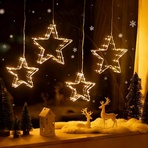 Sziqiqi LED Stjärna Fönster Belysning: Fönsterdekoration 4 Stjärnor för Jul Inomhus - 20 LED med Timer 8 Sugproppar för Julprydnad