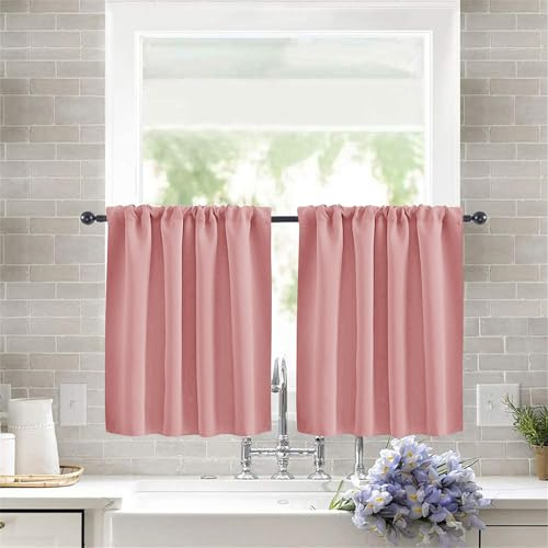 Odot Tenda Corta per Finestra Cucina, Tinta Unita Non Tende da Bistrot Cucina Semitrasparenti, 2 Pezzi Mantovane Corte, per Decorazione Finestre Piccole (Rosa Scuro,132x46cm)