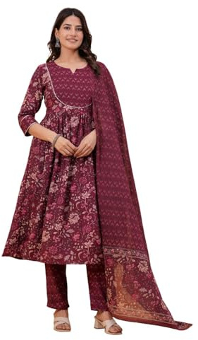HAIVN Women’s Anarkali Kurta Pant Set with Dupatta | Traditional Printed & Embroidered Cotton Festive Wear | Elegant Ethnic Outfit for Women, Maroon, XX-Large