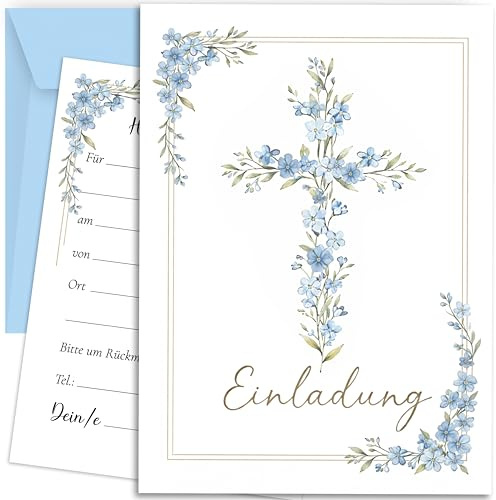 10 inbjudningskort med kuvertinbjudan dubbelsidiga kort snygg blå blommor kors akvarell delikat för dop nattvardsgång konfirmation konfirmation blå vit flickor och pojkar att själv designa