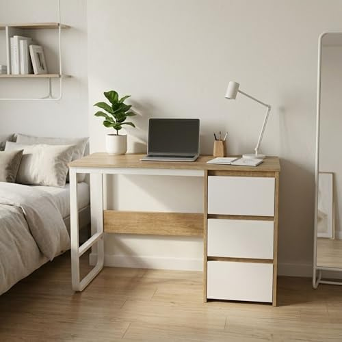 Meyvaser.com Ecommerce Company Escritorio Oficina 120 cm con 3 Cajones, Mesa de Ordenador Moderna, Estructura Metálica Blanca, Tablero MDF y Melamina, Color Sonoma/Blanco, 120x48x74 cm