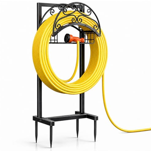 JNUYISW Supporto per Tubo da Giardino, 108,5cm Organizer per Tubo da Giardino In Metallo Contiene Tubo da 45, Rimovibile Supporto Portatile per Tubo da Giardino Con Cestino per Cortile Giardino Prato