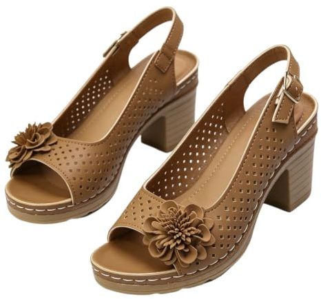 Dam Blockklack Sandaletter Öppen Tå Blommönster Slingback | Äkta läder, memory foam, fotvalvsstöd, breda, blommönster