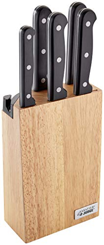 Judge Kitchen Knife Set Block with Knives and Knife Sharpener - 5 Piece Quality Stainless Steel, Razor Sharp Blades, Full Length Riveted Handles