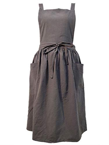 losofar Women Girls Vintage Apron Adjustable Gardening Works Cross Back Cotton/Linen Blend Aprons Pinafore Dress with Two Pockets (grey, one size)