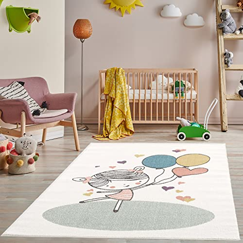 payé Teppich Kinderzimmer - Cream - 80x150 cm - Spielteppich Luftballon Herz fröhliches Mädchen Kurzflor Kinderteppich - Oeko-Tex Standard 100