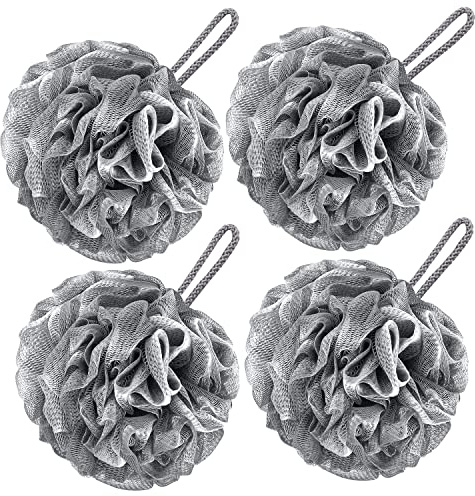 VANZAVANZU Bath Loofah Large 80g Shower Sponge Body Scrubber Mesh Pouf for Men and Women, Set of 4 (Gray)