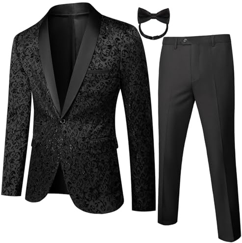 Mgnaie Mens Black Suit 2 Piece Tuxedo Embroidery Shawl Lapel Slim Fit Single Breasted Groomsmen Suits for Wedding Prom