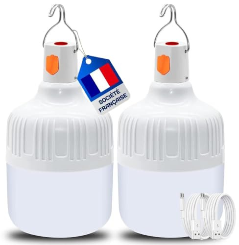 Lanterne Camping Rechargeable [Marque Française] 2 Pièces Lampe 30 Watts - Lampe Rechargeable USB 360° - Lanterne Portable à Suspendre pour Camping - Câble USB Inclus