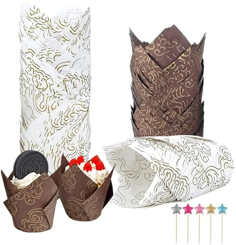 Moldes para magdalenas, 100 moldes para cupcakes de tulipán con 50 adornos para cupcakes, moldes para hornear magdalenas a prueba de grasa, moldes para cupcakes para bodas, decoración de fiestas de