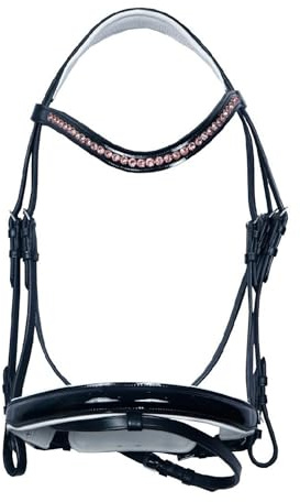 Sazaar Tack Briglia anatomica inglese imbottita in pelle nera con redini abbinate e fascia per frontalino fatta a mano per pony