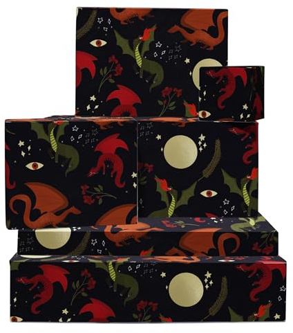 Carta da regalo nera - 6 fogli di carta da regalo di compleanno - Draghi - Luna - Stella - Per uomo donna - Halloween - Viene fornito con adesivi - Riciclabile - Di Central 23