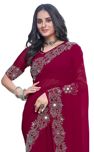 SIRIL Georgette - Espejo de fijación en caliente y sari de piedra con blusa sin costuras, Rosa oscuro, talla única