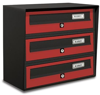 ALUBOX SLIM Cassette Postali Condominiali 3 Posti 37,8X39X30 Cm In Lamiera Zincata E Alluminio Cassetta Postale Da Esterno Condominiale Con Sistema Anti Prelievo (ANTRACITE ROSSO)