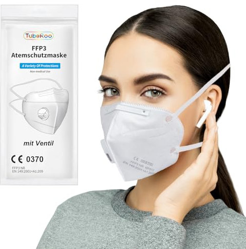 TubeRoo FFP3 Maske mit Ventil 10 Stück Masken, Versand aus Deutschland, Kopfband, Atemschutzmaske mit Ausatemventil, Staubmaske Feinstaubmaske Staubschutzmaske Atemschutz Feinstaub Mundschutz