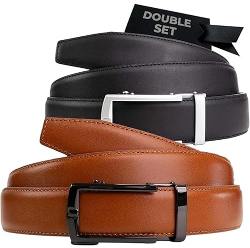 Nordform herr premium dubbelt läderbälte set – hålfri ratsch, reptåliga spännen, justerbar – (mattsvart/traditionell matt silver) & cognac/traditionell metall), Matt svart konjak, 135