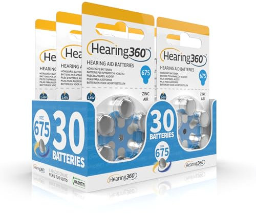 Hearing360 batterie per apparecchi acustici PR44 misura 675, pile senza mercurio extra durata e affidabilità (5 blister blu, 30 pile)