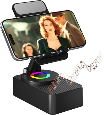 Support téléphone avec haut-parleur Bluetooth sans fil, LED, base antidérapante, son surround HD, parfait pour la maison/extérieur, compatible avec iPhone/iPad/Android, cadeaux pour hommes et femmes