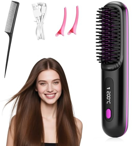 Cordless Hair Straighteners, Portable Hair Straightener Brush, USB Rechargeable Travel Straighteners, Wireless Straightening Brush for Effortless Styling at Home and On The Go (Black)