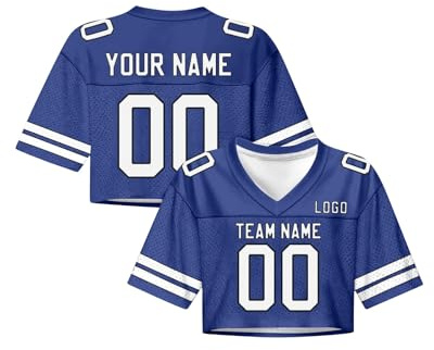 Zhyyanp Personalized Football Jersey Crop Tops for Women Girls Plain Colored Streetwear Custom Jersey with Name Number S~4XL (Dark Blue)
