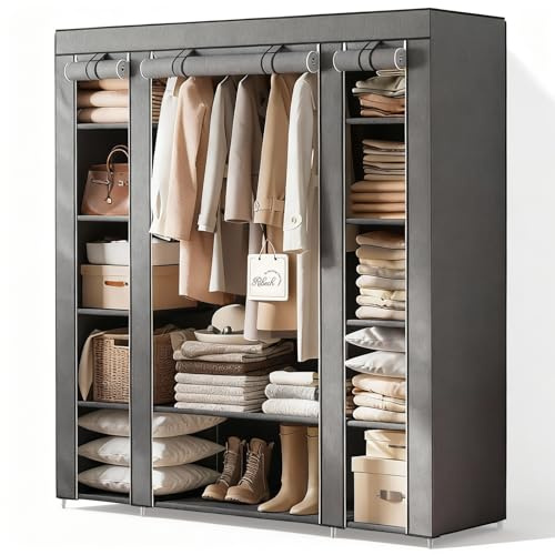 Ribech Armario de Tela 12 Compartimentos con Barra Colgador, Guardarropa Estable para Dormitorio, 150x45x175 cm, Gris