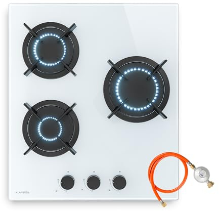 Klarstein Goldflame Gas Hob, 3-Burner, 5800W, Tempered Glass & Brass, LPG/Natural Gas, Auto Ignition, Flame Failure Safety, Compact 45x52cm, Easy Clean, Hose & Regulator Set