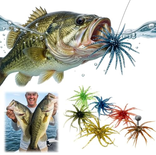 6Pcs Simulation Sea Urchin Bait for Black Pits, Realistic Fishing Lure for Bass & Perch, Floating TPR Swimbait with Reflective Stars, Artificial Worm Bait for Saltwater & Freshwater