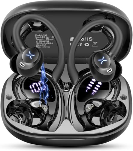 Auriculares Inalambricos Deportivos, Cascos Inalámbricos Bluetooth 5.4 HiFi Estéreo con 4 HD Mic, 50H Reproducción, IP7 Impermeable, Micrófono HD, LED, Ideal para Gym Running Fitness, Negro Oscuro